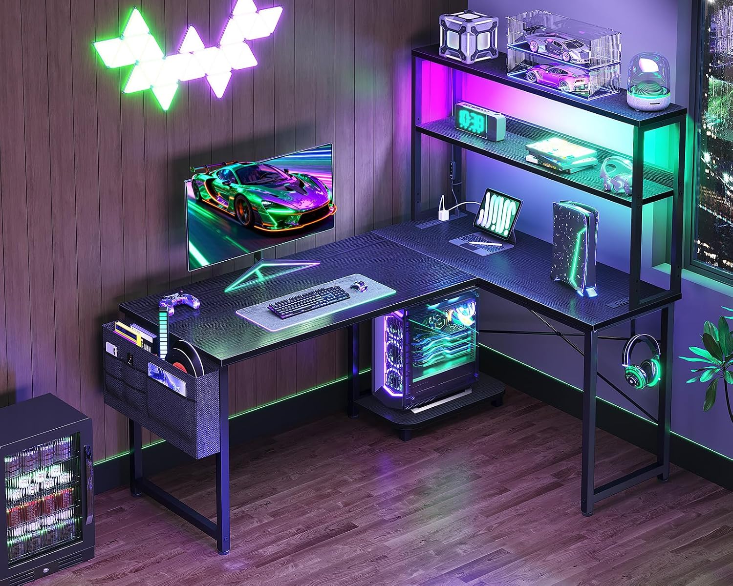 MOTPK L Shaped Gaming Desk with LED Light & Power Outlet, 43 Inch Reversible L Shaped Table with Shelves, Computer Desk with Storage Bag & Hook, Corner Table for Home Office, Black