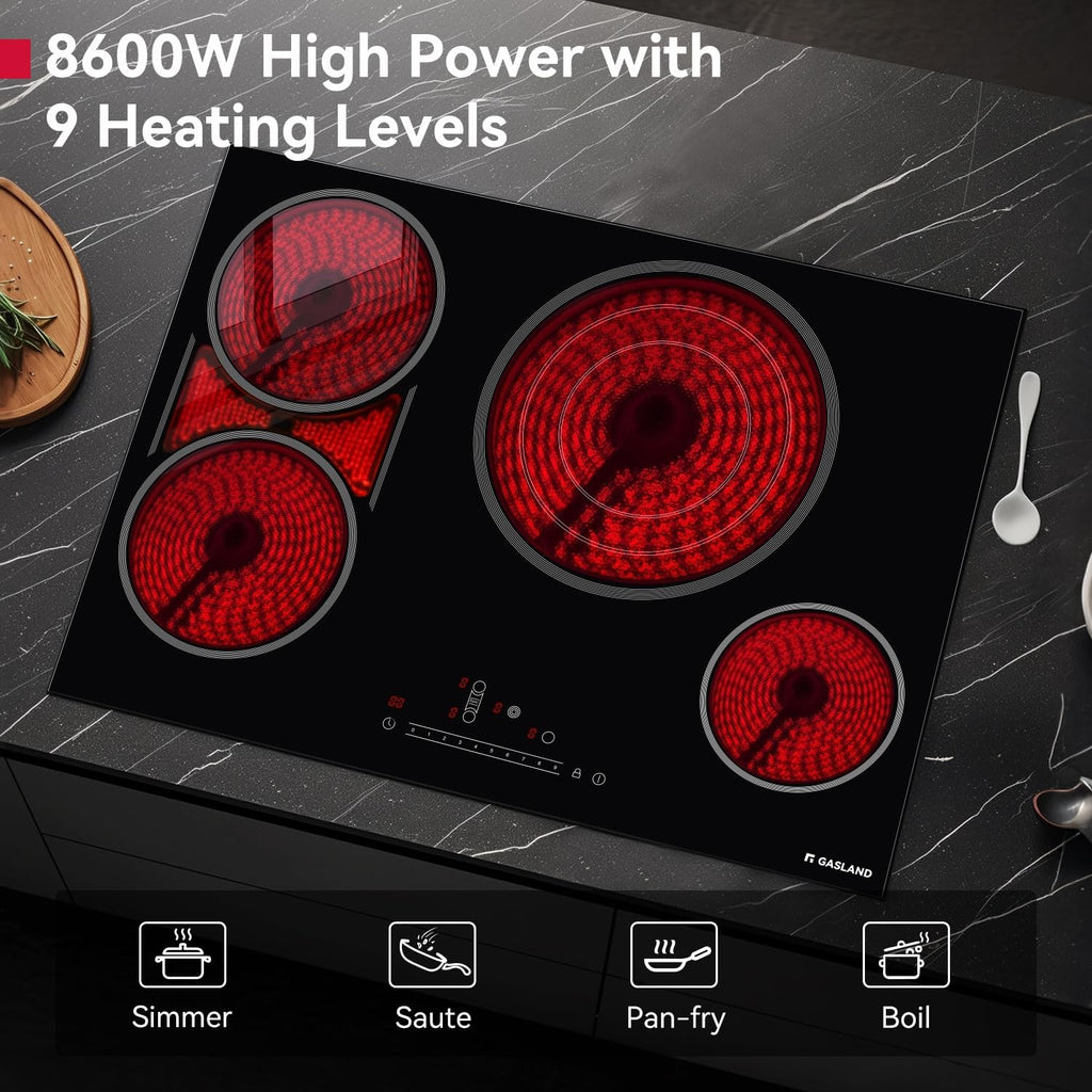 GASLAND 30 Inch Electric Cooktop, 4 Burners Radiant Glass Stove Top, ETL & FCC Certificated, Drop-in Ceramic Cooktop, Slide Touch Control, Child Safety Lock, Hot Surface Indicator, 220V, CH774BF34A