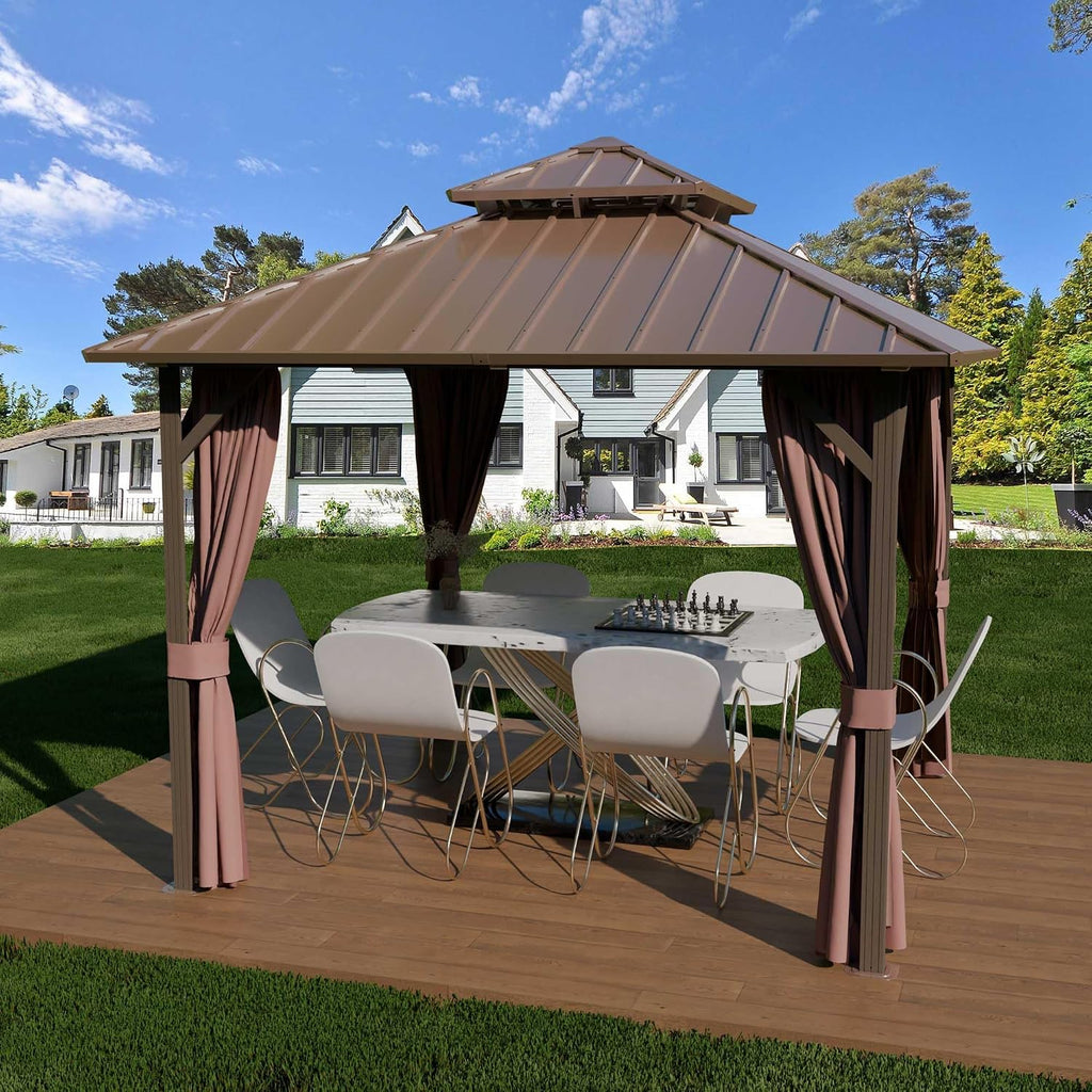 Hardtop Gazebo 10' x 10', Outdoor Aluminum Frame Galvanized Steel Double Roof Pavilion with Netting and Shaded Curtains, Permanent Metal Pergolas for Patio, Backyard, Deck and Lawns.