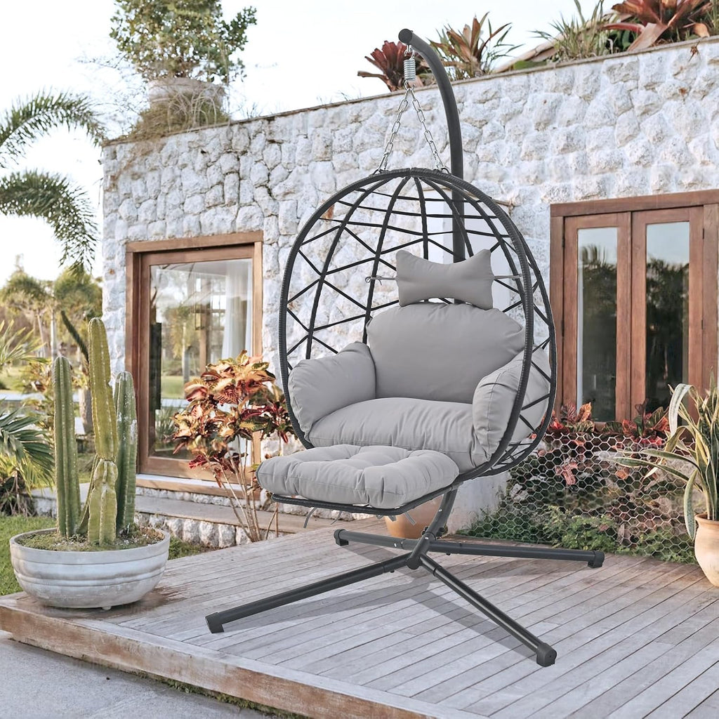 Outdoor Egg Chair with Sturdy Tripod Hammock Leg Rest and Hanging Lounge Chair Swinging Rattan Wicker Swing for Cozy Bedroom Balcony Garden Patio Porch Indoor Use (Black and Grey)
