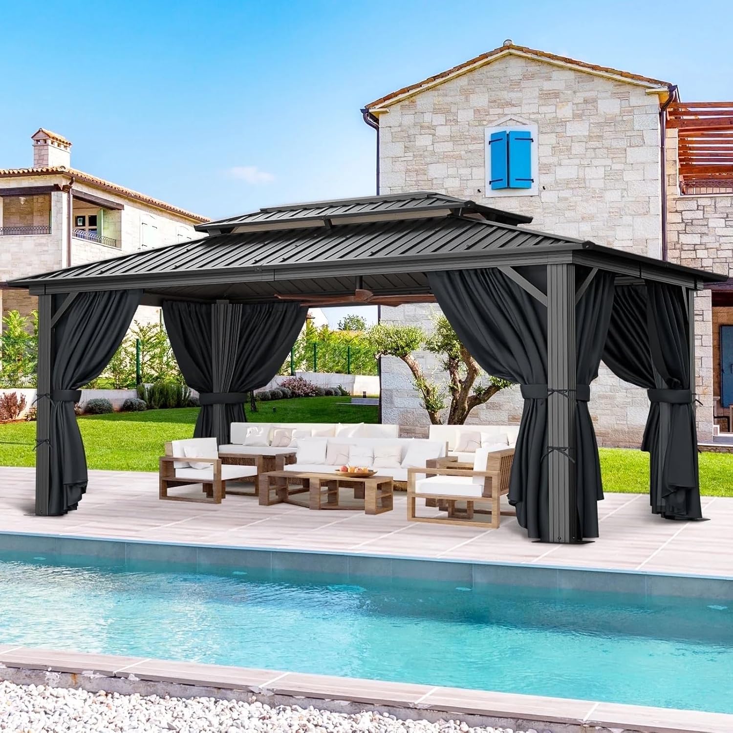 COBIZI 10x15 Hardtop Aluminum Gazebos with Galvanized Steel Double Roof Metal Gazebo with Curtains and Netting Permanent Hardtop Gazebos Steel Gazebo for Backyard, Garden and Patio, Black