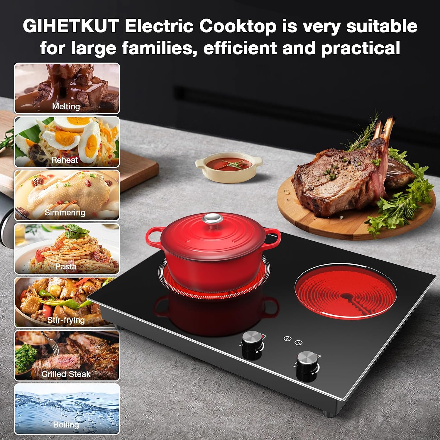 GIHETKUT Electric Cooktop,1110V 2100W 2 Burner stove,Built-in & Countertop Stove Top with10 Heating Level, Timer & Kid Safety Lock, LED Knob Touch Control 2 Burner Electric Cooktop