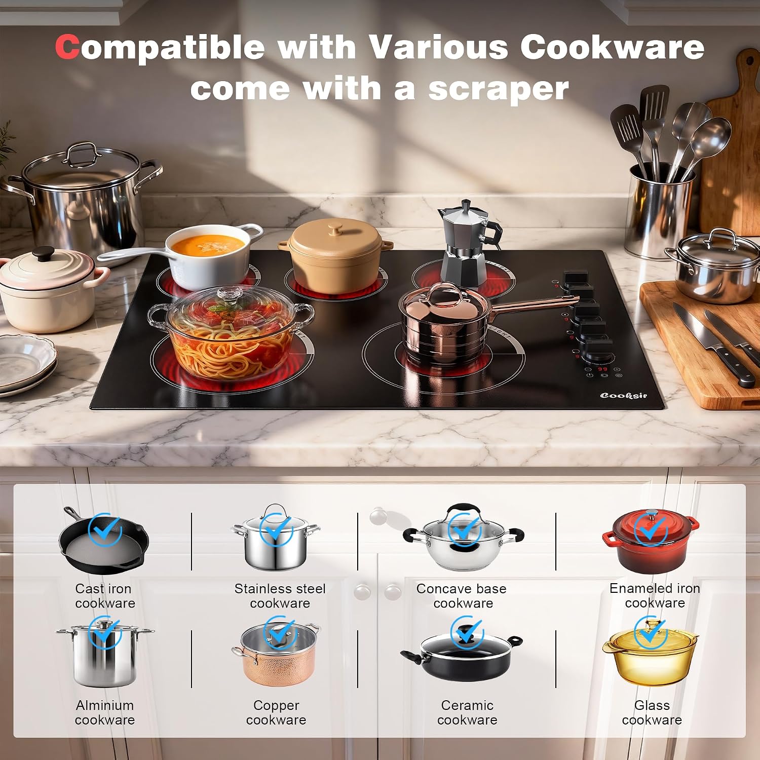 Upgraded 30 Inch Electric Cooktop 5 Burners - Powerful 8600W Built-in(29.13'x19.3') Electrical Stovetop, Electric Burner 30 In Knob Control, 99 MinsTimer, Safety Lock, 220-240V Hard Wire