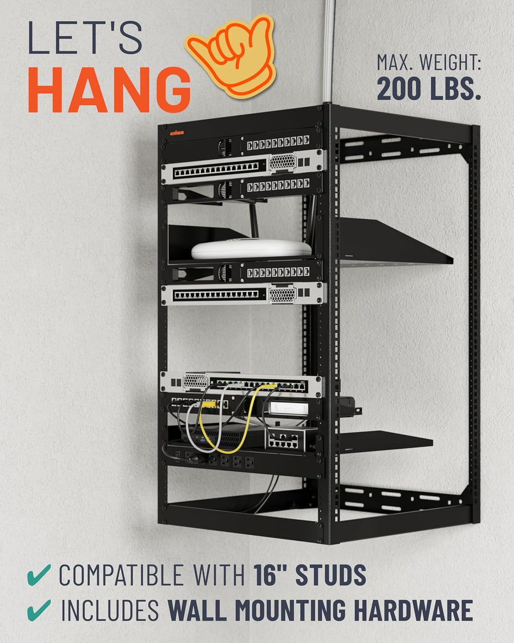 ECHOGEAR 20U Open Frame Rack for Servers & AV Gear - Wall Mountable Design Includes 2X Vented Shelves, 25x Rack Mounting Screws, 4X Leveling Feet, 4X Shelf Stops, & 2X Securement Straps