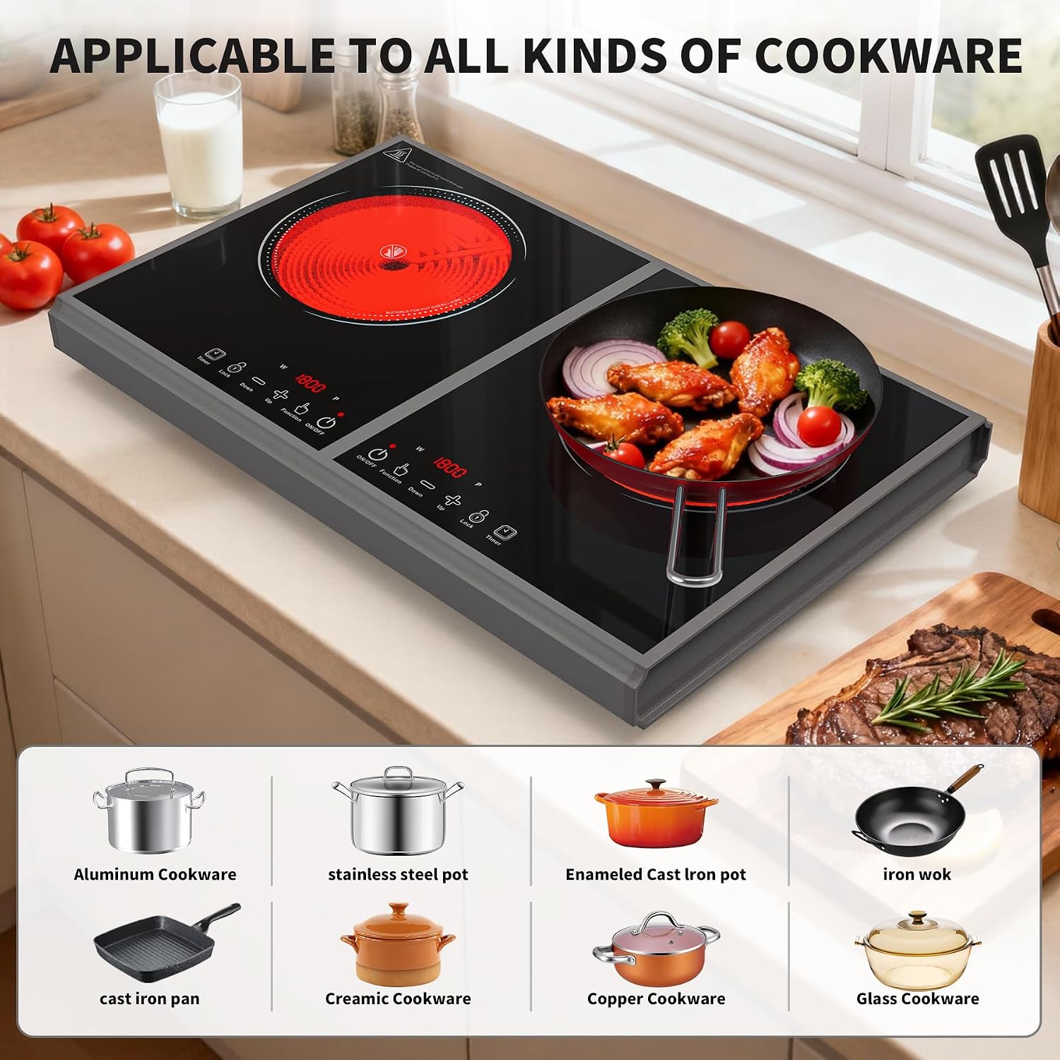 GIHETKUT Electric Cooktop,110V 3600W Stove top, 20 inch Countertop with 9 Power Levels,LED touch control,Overheat Protection,Child Safety Lock & Timer,touch control 2 burner Electric cooktop