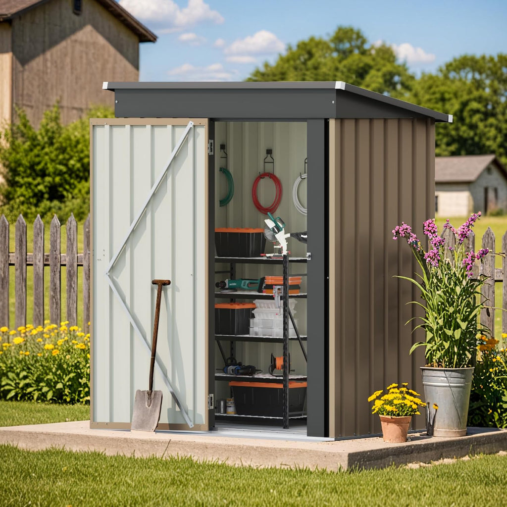 Patiolife 5x3 FT Outdoor Storage Shed, Small Tool Metal Shed with Lockable Door & Sloping Roof, Garden Shed for Backyard Patio Lawn, Brown