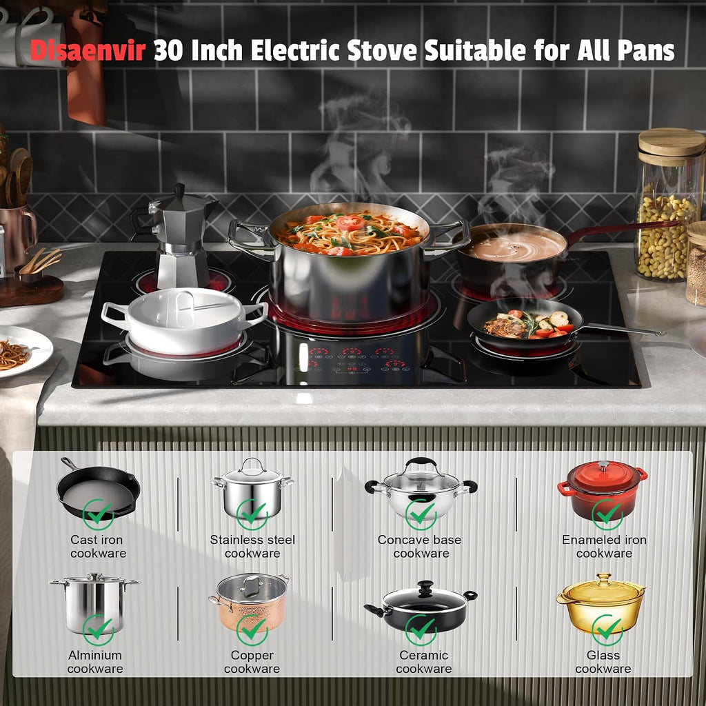 30 Inch Electric Cooktop - 9000W Powerful 5 Burner Electric Stovetop, 220V Built-in Ceramic Stove 30 Inches with Triple Ring, Timer, Safety Lock, Pause, 220V-240V Hard Wired (No Plug)