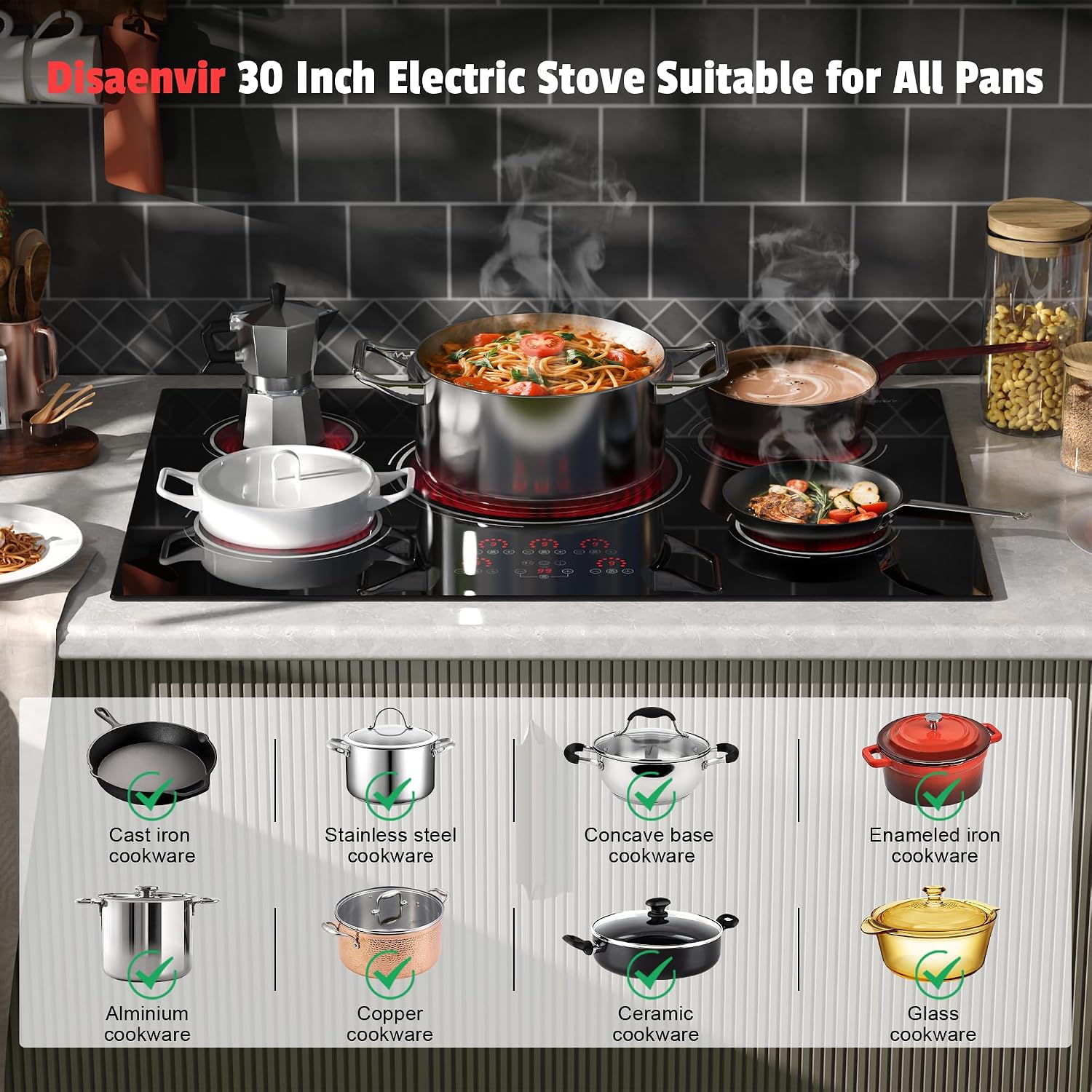 30 Inch Electric Cooktop - 9000W Powerful 5 Burner Electric Stovetop, 220V Built-in Ceramic Stove 30 Inches with Triple Ring, Timer, Safety Lock, Pause, 220V-240V Hard Wired (No Plug)