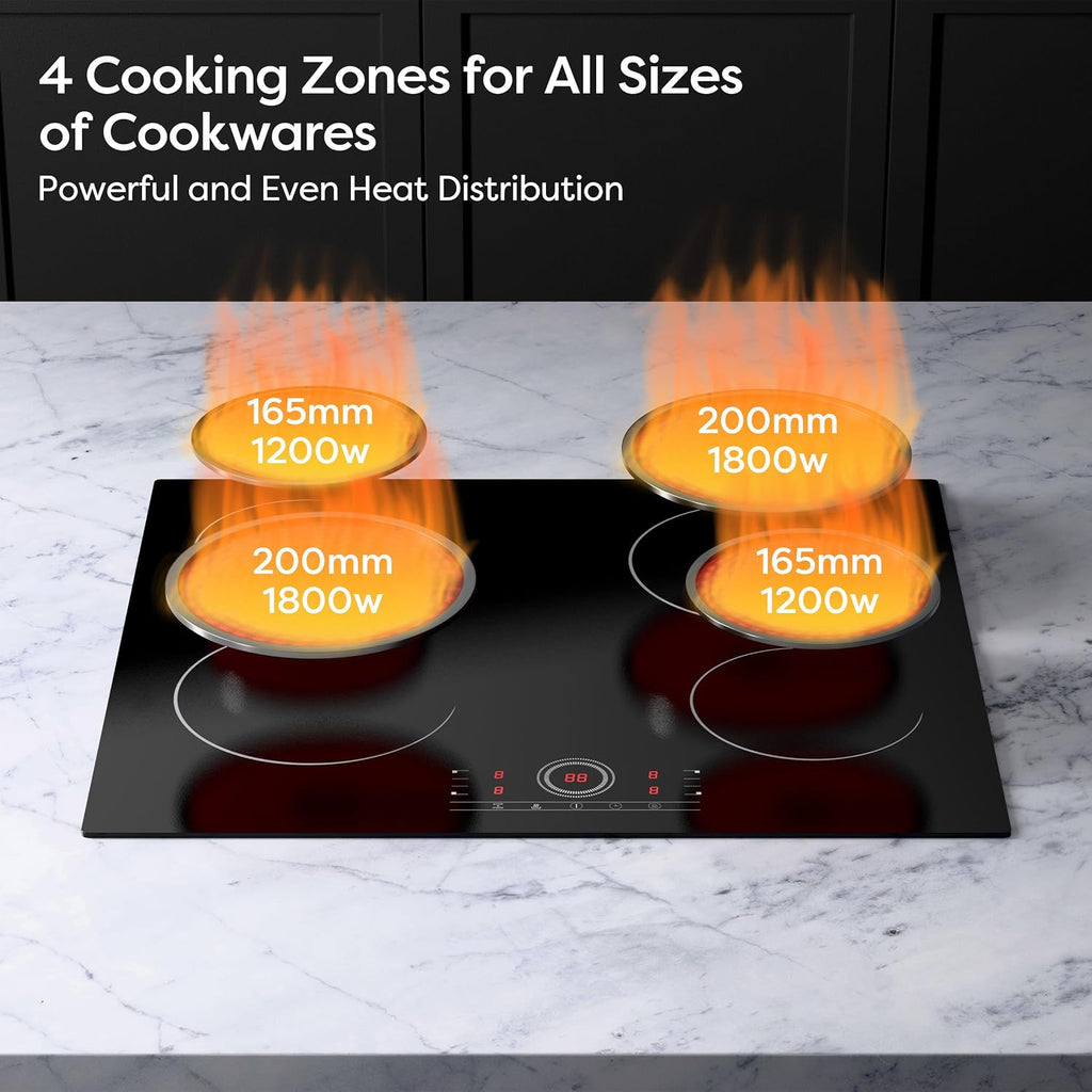 4 Burner Electric Cooktop, 24 Inch Built-in Electric Stove Top, 220-240v Radiant Cooktop with Child Lock, Touch Control, Residual Heat Indicator, Overheat Protection, Hard Wire (No Plug)