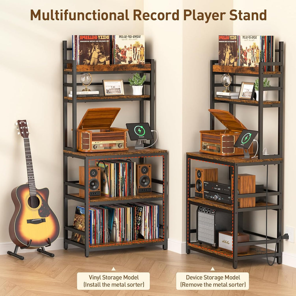 ikkle Record Player Stand with Vinyl Storage Shelf & CD/DVD Rack, 5-Tier Record Player Table w/Charging Station, Turntable Stand Vinyl Record Organizer for Living Room Bedroom, Holds Up 500+ Albums