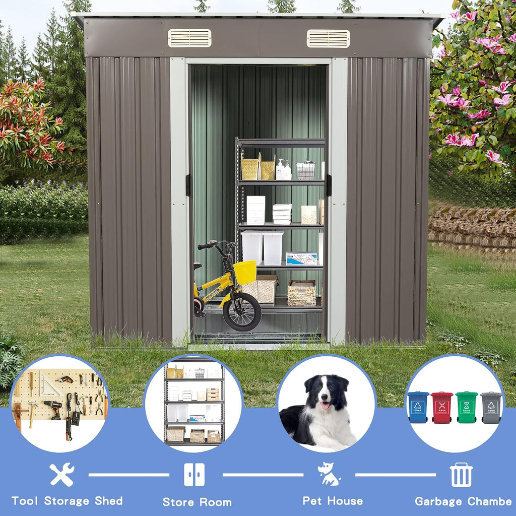 6x4 FT Outdoor Storage Shed, Metal Garden Shed with Frame Floor, Outside Tool Shed with Lockable Sliding Door, Waterproof Storage Building with Sloped Roof & Air Vents for Backyard, Patio, Warm Gray