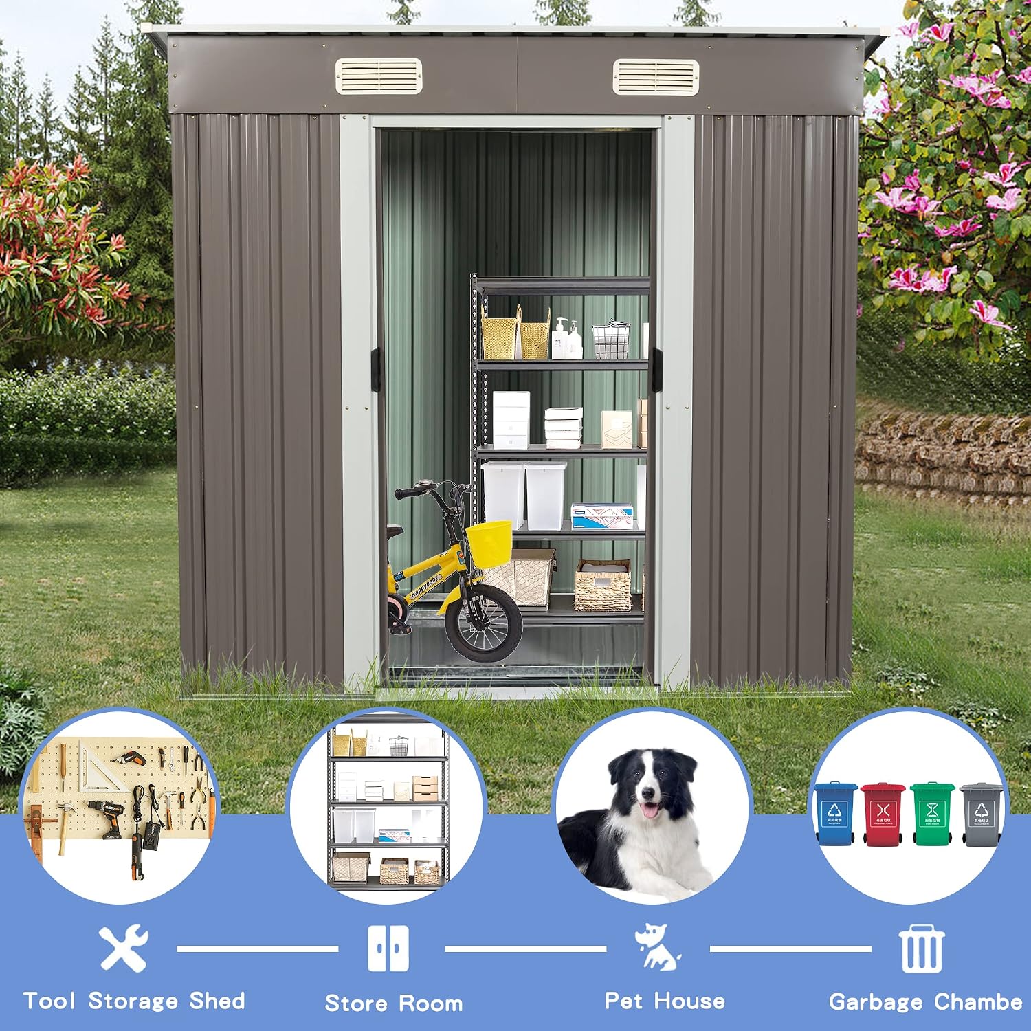 6x4 FT Outdoor Storage Shed, Metal Garden Shed with Frame Floor, Outside Tool Shed with Lockable Sliding Door, Waterproof Storage Building with Sloped Roof & Air Vents for Backyard, Patio, Warm Gray