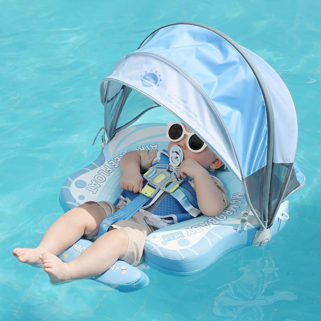 Mambobaby Float Upgrade Add Tail Baby Float with Canopy for Infant Waist Swimming Ring Swim Trainer Non-Inflatable Floats Toys with Adjustable Safety Strap (Blue - Butterfly)