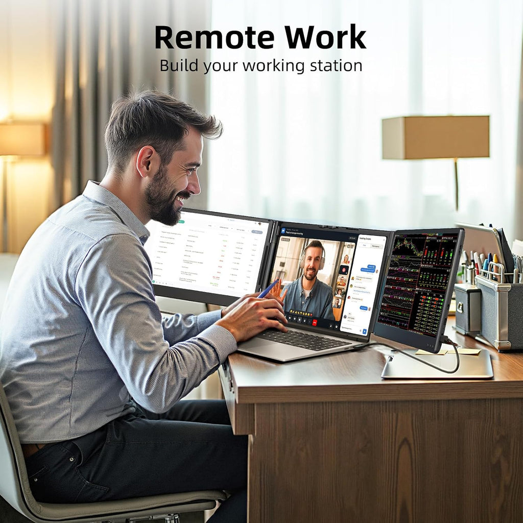 ZUMWALT Laptop Screen Extender, 14' Triple Portable Monitor for Laptop, 1080P FHD Screen Extender Monitors for 13'-16.5', Monitor Extender for MacOS/Windows/Chrome (Built-in Speakers)