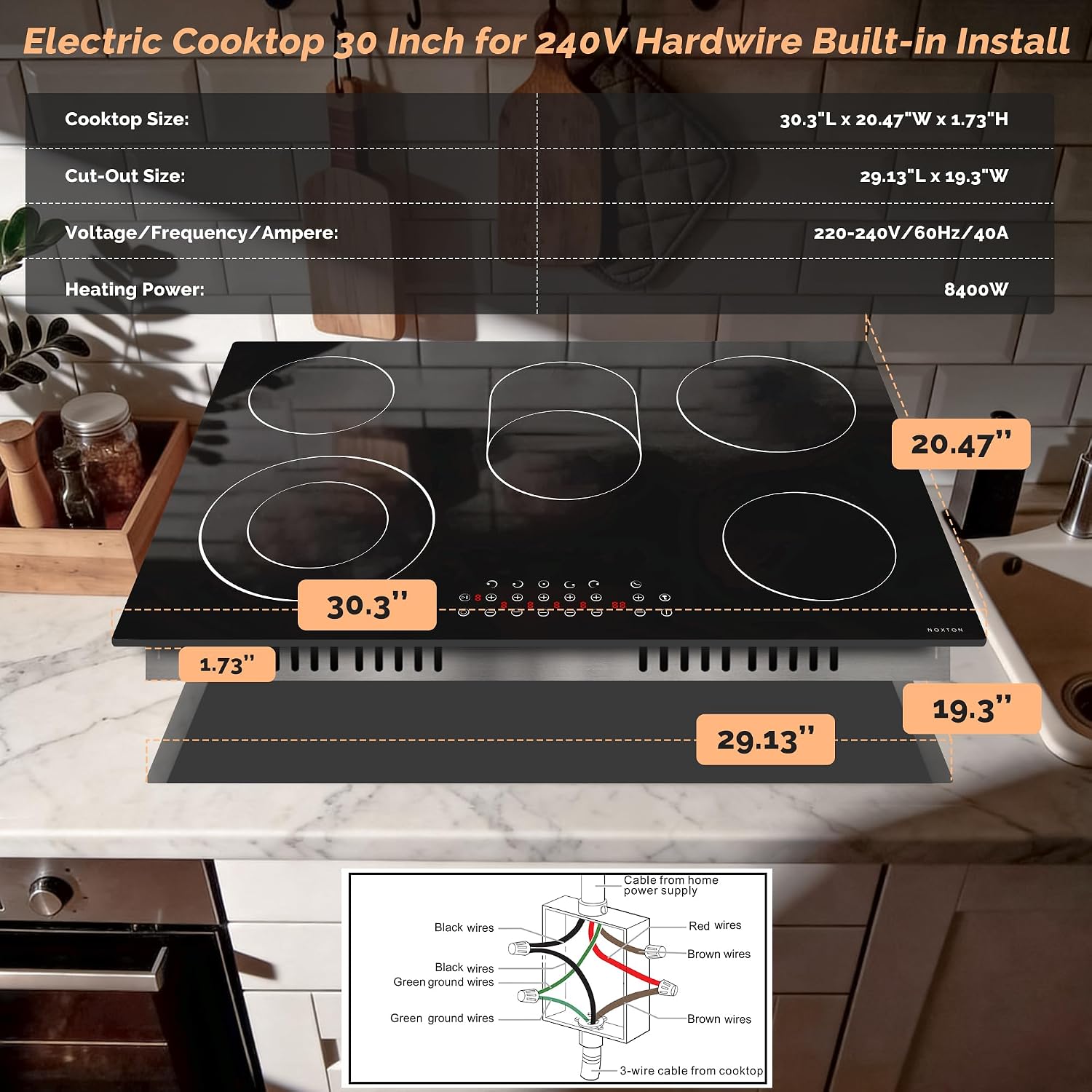 Noxton Electric Cooktop 30 Inch,8400W High Power 5 Burners Radiant Stove Top, Child Safety Lock, Timer, Pause, Hard Wire 240V, Drop-in Install