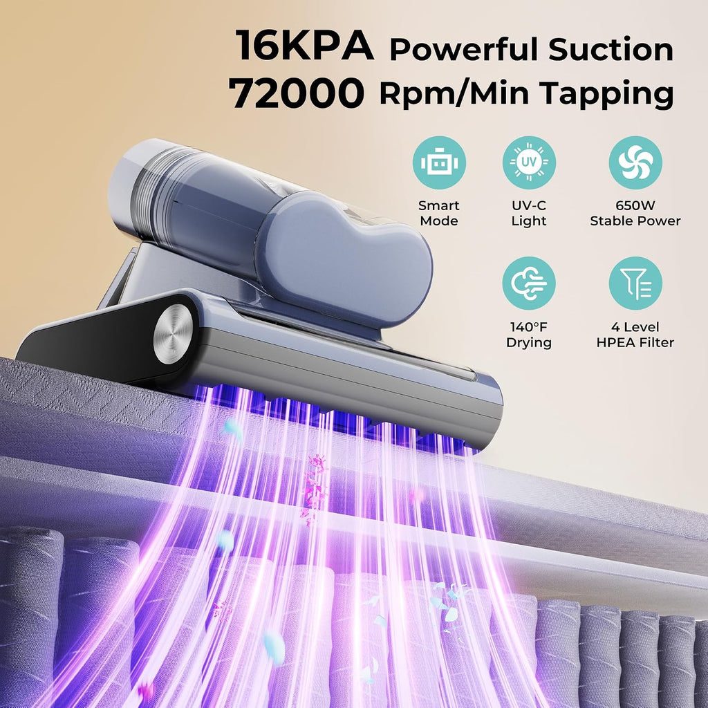 Candy Mattress Vacuum Cleaner, 16Kpa Bed Vacuum Cleaner with UV-C Light, 140°F Heat, 4 Level HEPA Filter & Ultrasonic, Versatile Handheld Vacuums for Bed, Sofa, Couch, Crib(Corded, 650W)