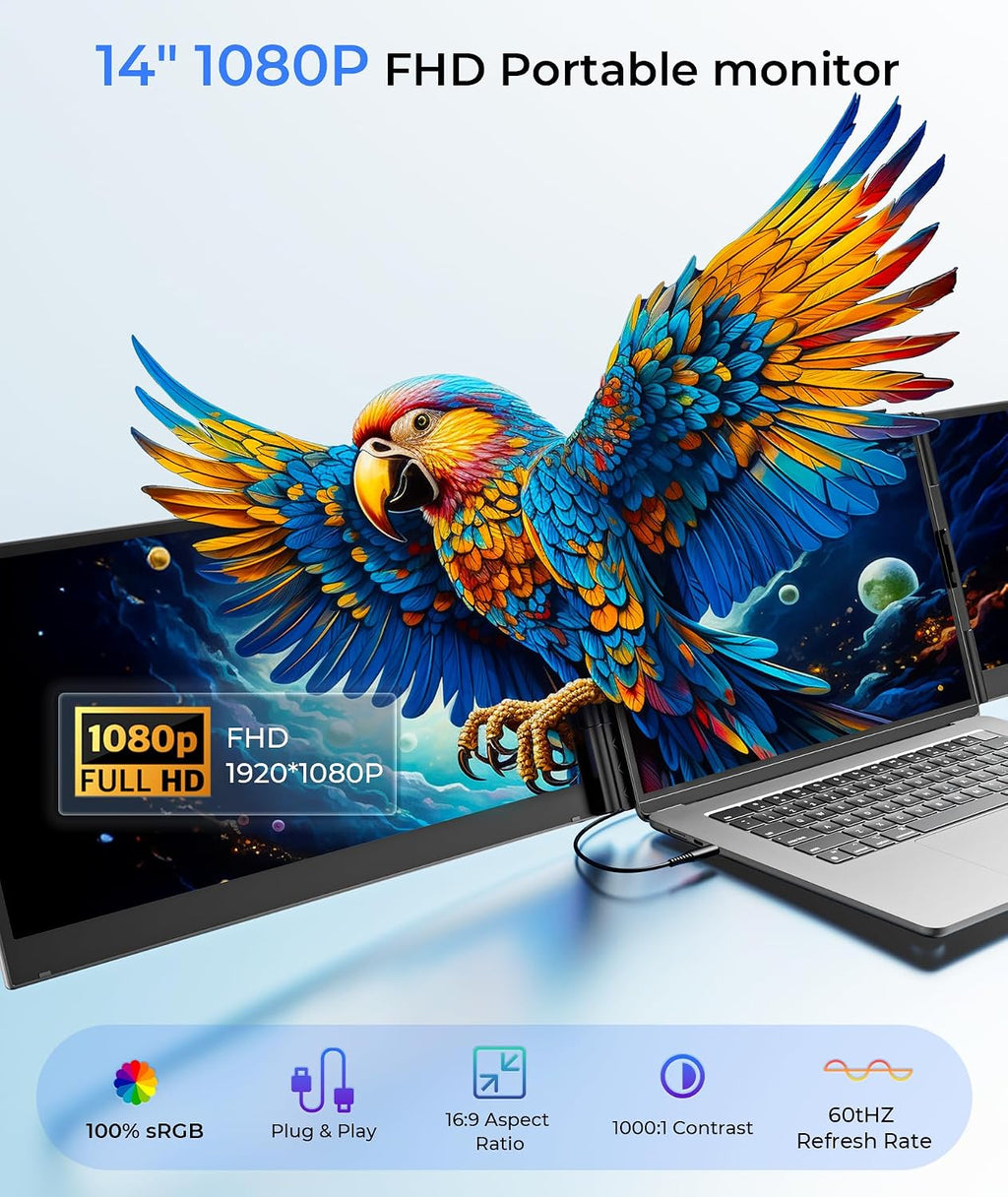 Laptop Screen Extender Ultra Thin, 14' FHD 1080P Triple Portable Monitor for Laptops 13-17.3', 2.2 LB Lightweight Laptop Monitor Extender with USB-C/HDMI Port, Plug-Play for Mac/Windows/PS5/Android