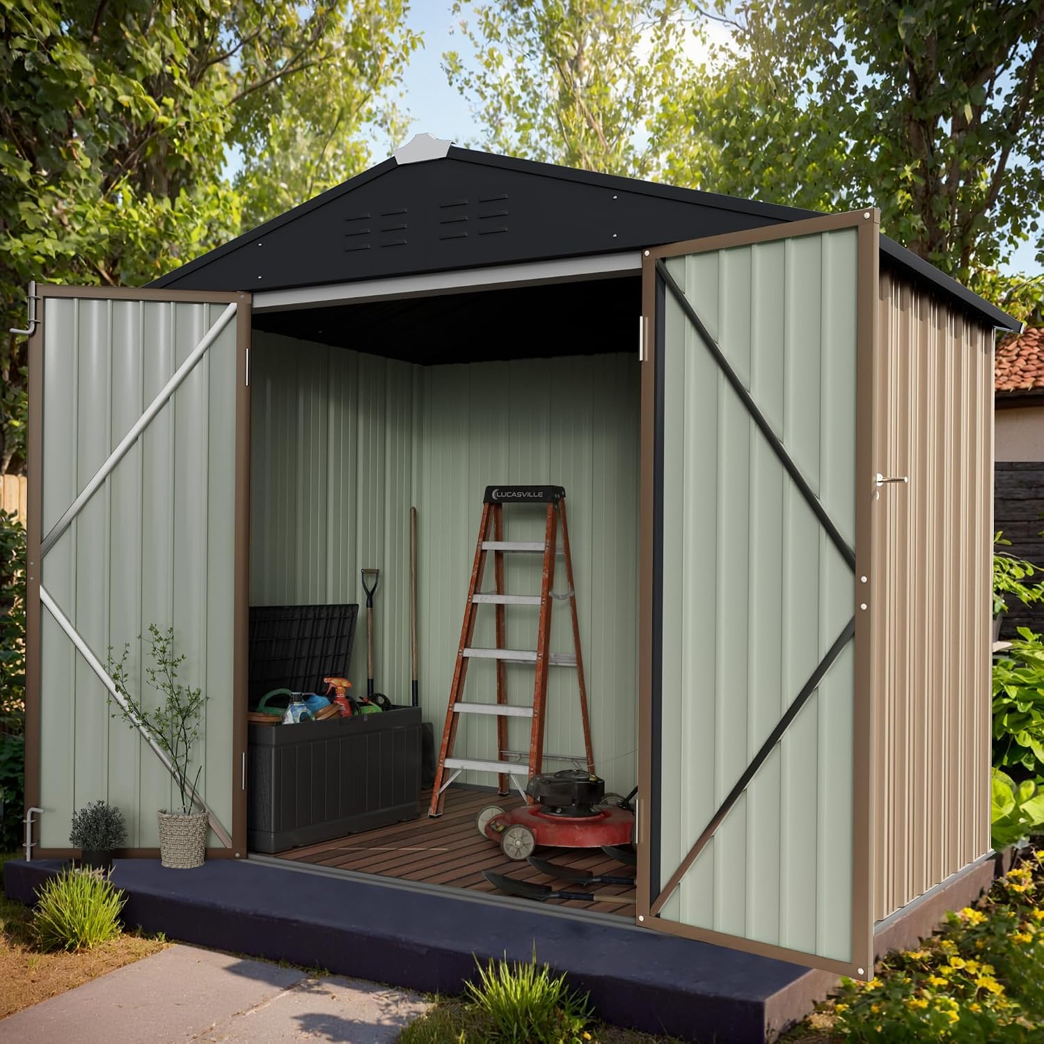 GUNJI 8 x 6 FT Shed Outdoor Storage Shed Metal Garden Shed with Lockable Door Outside Waterproof Tool Shed for Backyard, Patio, Lawn (Brown)