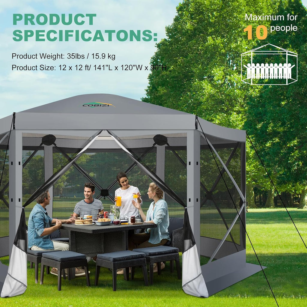 COBIZI 12x12 FT Pop Up Canopy Extendable Tent, Gazebos On Clearance With Removable Roof, Screened In Gazebo,Screen Tents Portable carpas para patio for Outdoor Camping,Backyard, Garden, Grey(Upgraded)
