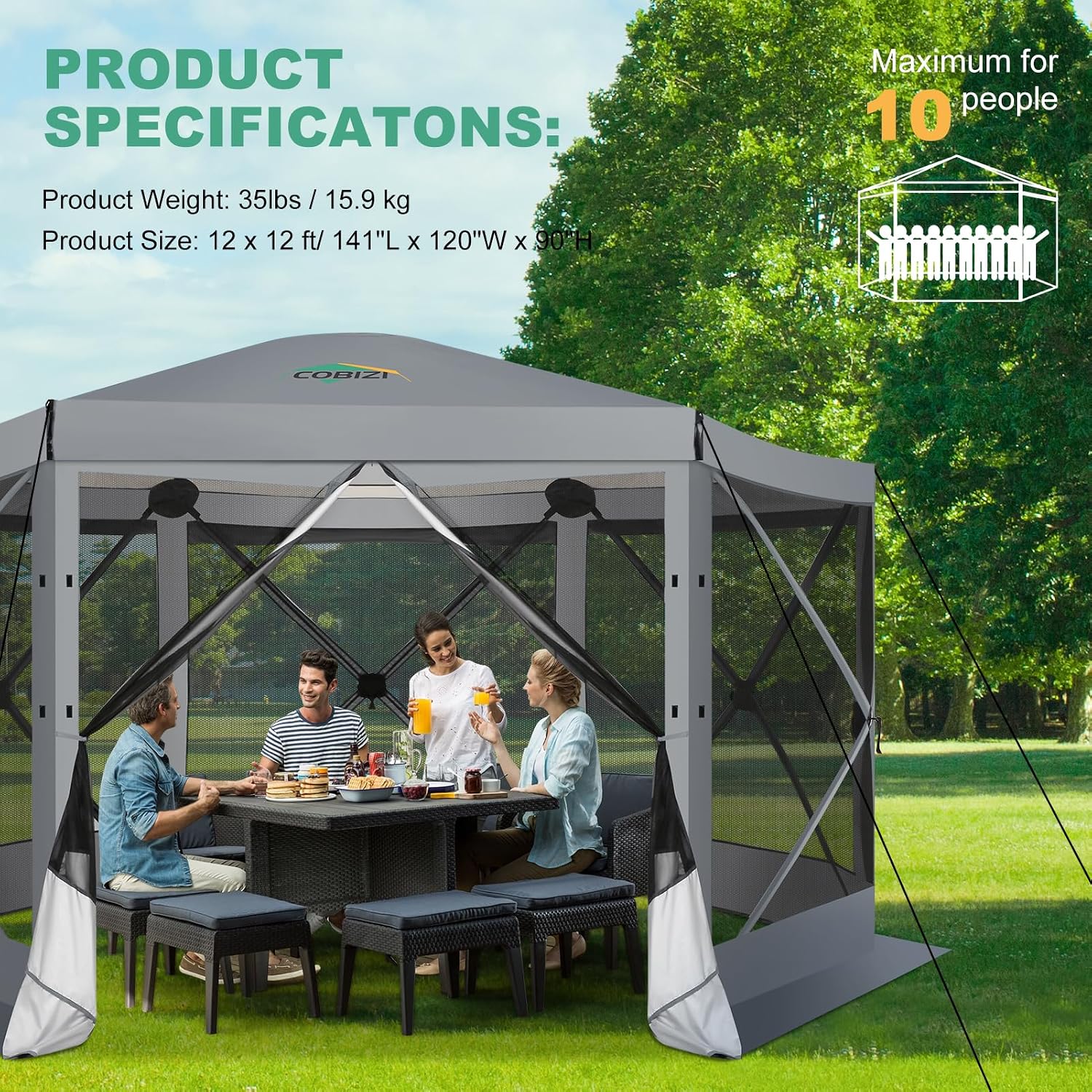 COBIZI 12x12 FT Pop Up Canopy Extendable Tent, Gazebos On Clearance With Removable Roof, Screened In Gazebo,Screen Tents Portable carpas para patio for Outdoor Camping,Backyard, Garden, Grey(Upgraded)