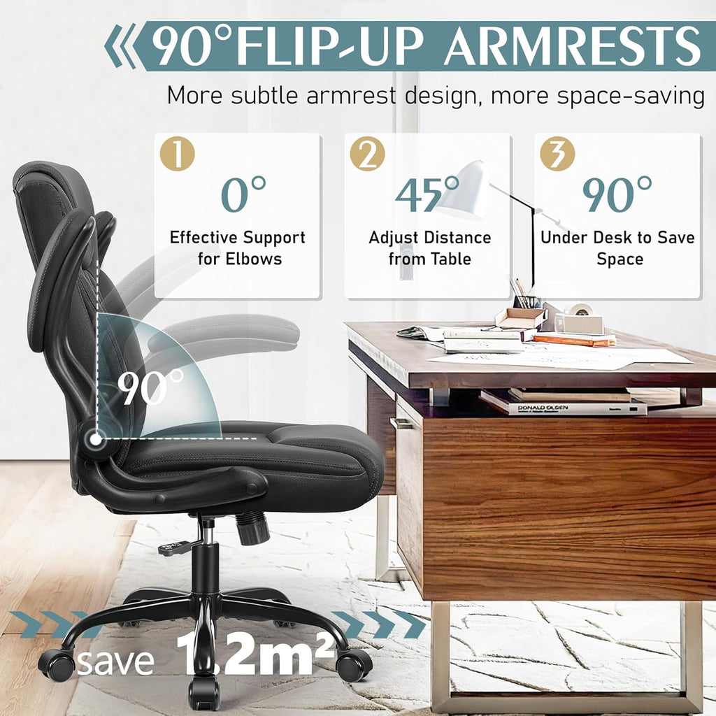 Leather Office Chair, PU Home Computer Desk Chairs with Ergonomic Back Support, 360°Swivel Free，Small Gmaing Chair with Wheels and Adjustable Armrests, for Short People Use, Black