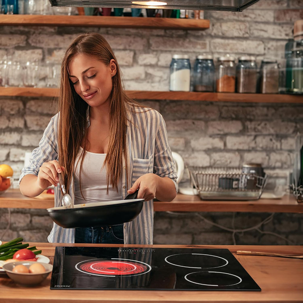Electric Cooktop 24 Inch - 3 Burner Bulit-in Electric Ceramic Cooktop, Radiant Ceramic Stovetop with 9 Heating Level, Timer, Safety Lock, 5200W 220-240V Hard Wire Sensor Touch Control(No Plug)