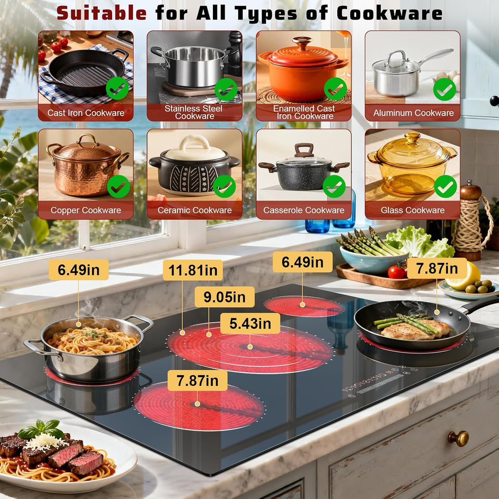 36 Inch Electric Cooktop 5 Burner Electric Stove Top 9200W, Triple‑Ring Central Burner, 9‑Level Slide Control, Touch Control with Safety Lock, 99‑Mins Timer, Pause, Built‑In Size 34.25×19.29 Inch