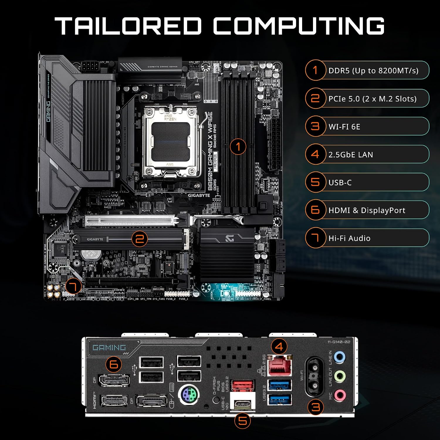 GIGABYTE B850M Gaming X WIFI6E AMD AM5 mATX Motherboard, Support AMD Ryzen 9000/8000/7000 Series, DDR5, 10+2+2 Power Phase, 2X M.2, PCIe 5.0, USB-C, WIFI6E, 2.5GbE LAN, EZ-Latch, 5-Year Warranty
