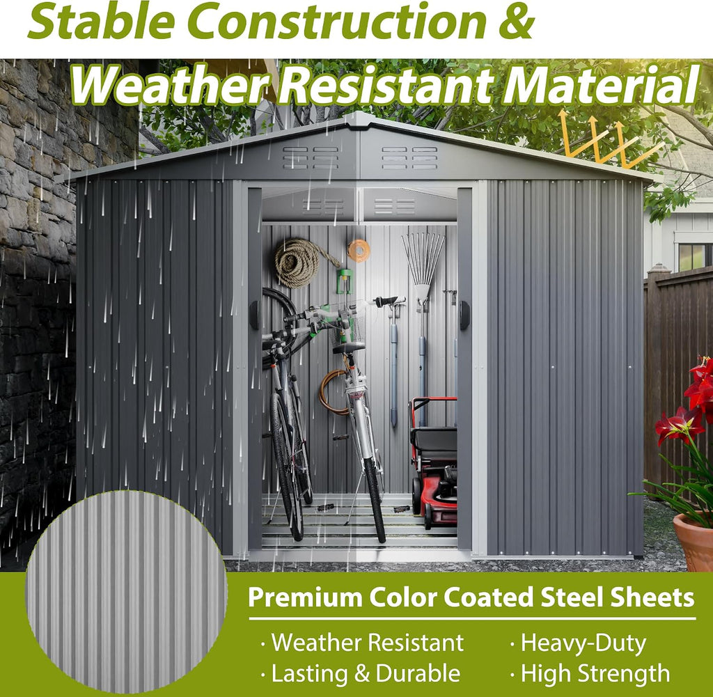 KEIKI Storage Shed 8x6 FT, Large Metal Tool Shed for Outdoor Storage, Galvanized Steel Garden Shed with Floor & Lockable Sliding Doors for Patio, Backyard, Lawn, Grey