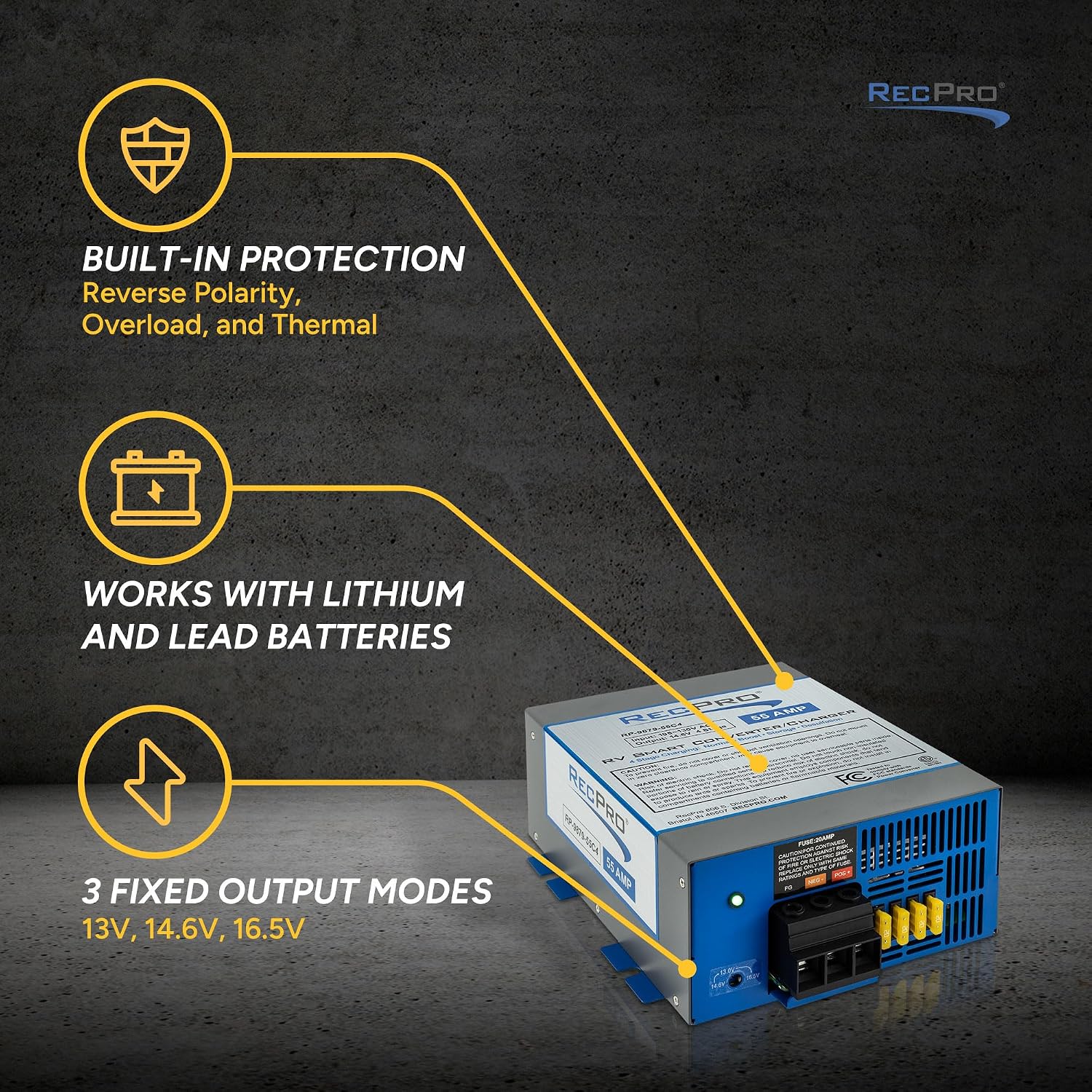 RecPro RV Converter 55 Amp | RV Power Converter & Battery Charger | 4 Stage Smart Charging | 120VAC to 12VDC | 13V to 16.5V Operating Range