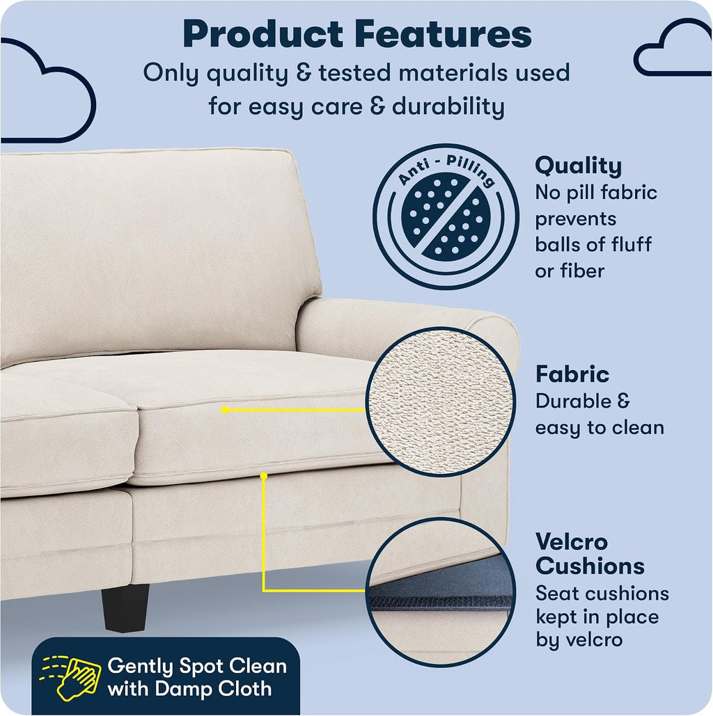 Serta Copenhagen 78' Rolled Arm Sofa, Easy Care Polyester, Soft Pillow Back, Pocket Coil Seat Cushions, Removable Covers, Loveseat or Couch for Small Spaces, Living Rooms or Bedrooms, Cream White