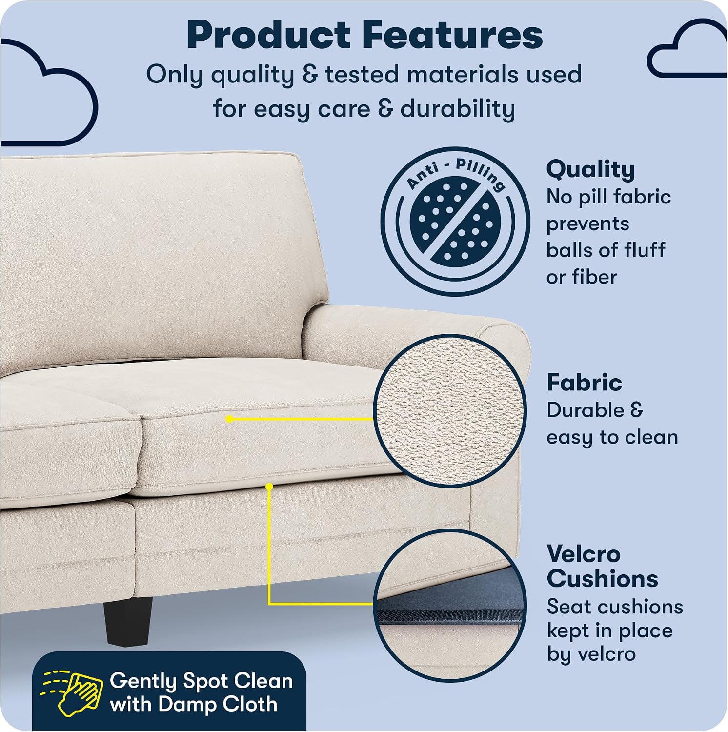 Serta Copenhagen 78' Rolled Arm Sofa, Easy Care Polyester, Soft Pillow Back, Pocket Coil Seat Cushions, Removable Covers, Loveseat or Couch for Small Spaces, Living Rooms or Bedrooms, Cream White