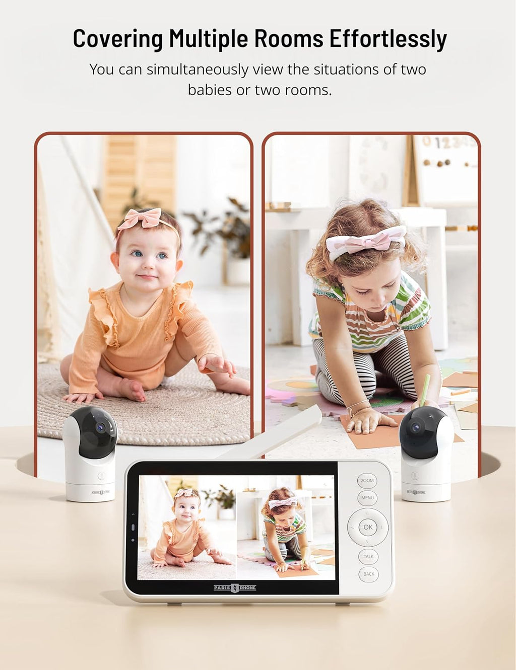 PARIS RHÔNE 2K Split-Screen Baby Monitor, 5' Smart Video Baby Monitor with 2 Cameras, Dual WiFi Cameras with App Control, Night Vision, Motion & Cry Alerts, Auto Tracking, RGB Night Light, Lullabies