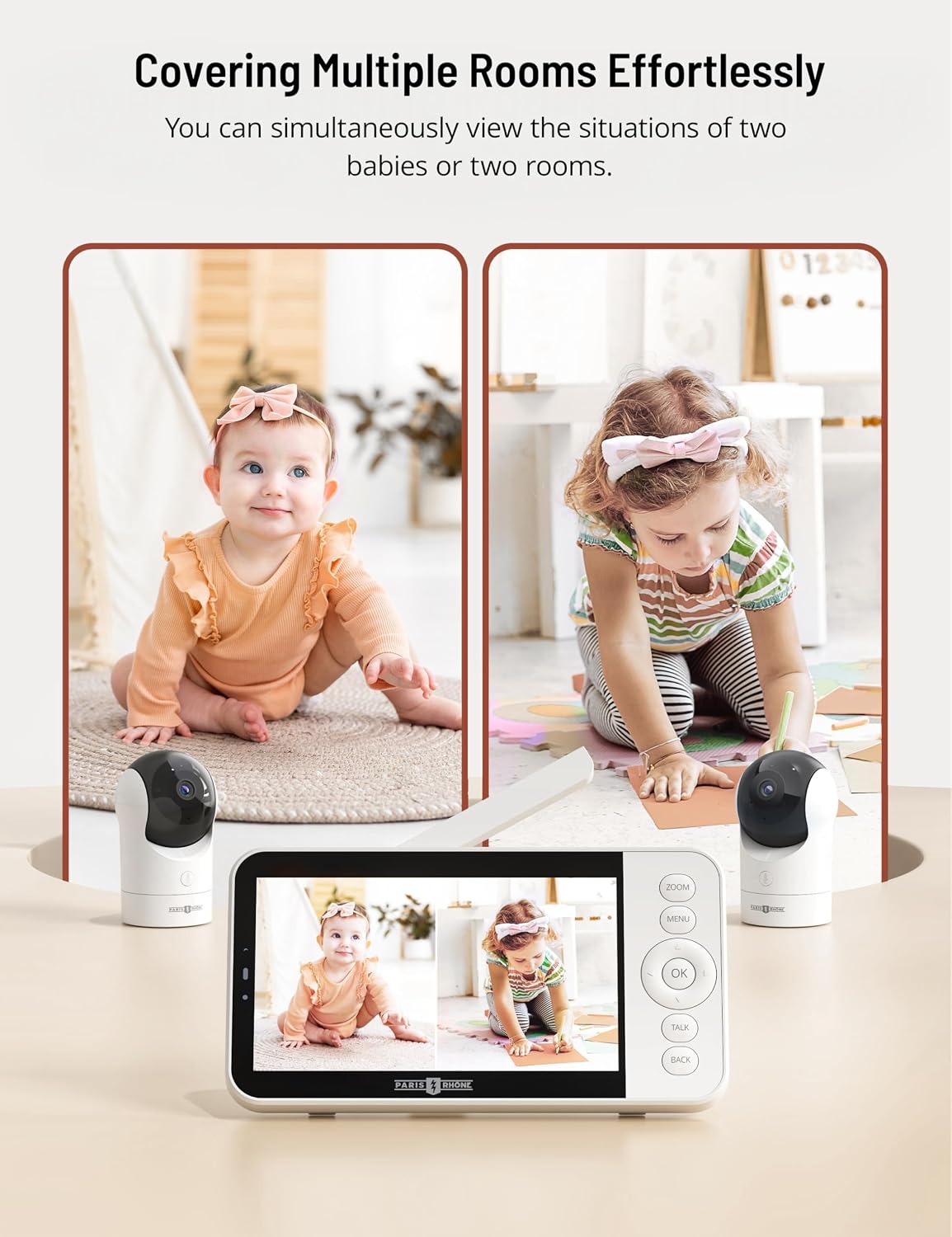 PARIS RHÔNE 2K Split-Screen Baby Monitor, 5' Smart Video Baby Monitor with 2 Cameras, Dual WiFi Cameras with App Control, Night Vision, Motion & Cry Alerts, Auto Tracking, RGB Night Light, Lullabies