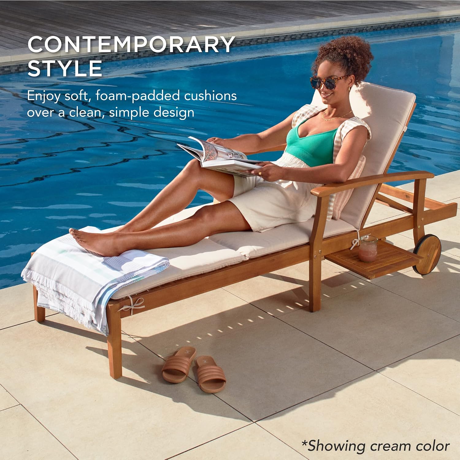 Best Choice Products 79x26in Acacia Wood Chaise Lounge Chair Recliner, Outdoor Furniture for Patio, Poolside w/Slide-Out Side Table, Foam-Padded Cushion, Adjustable Backrest, Wheels - Gray/Navy