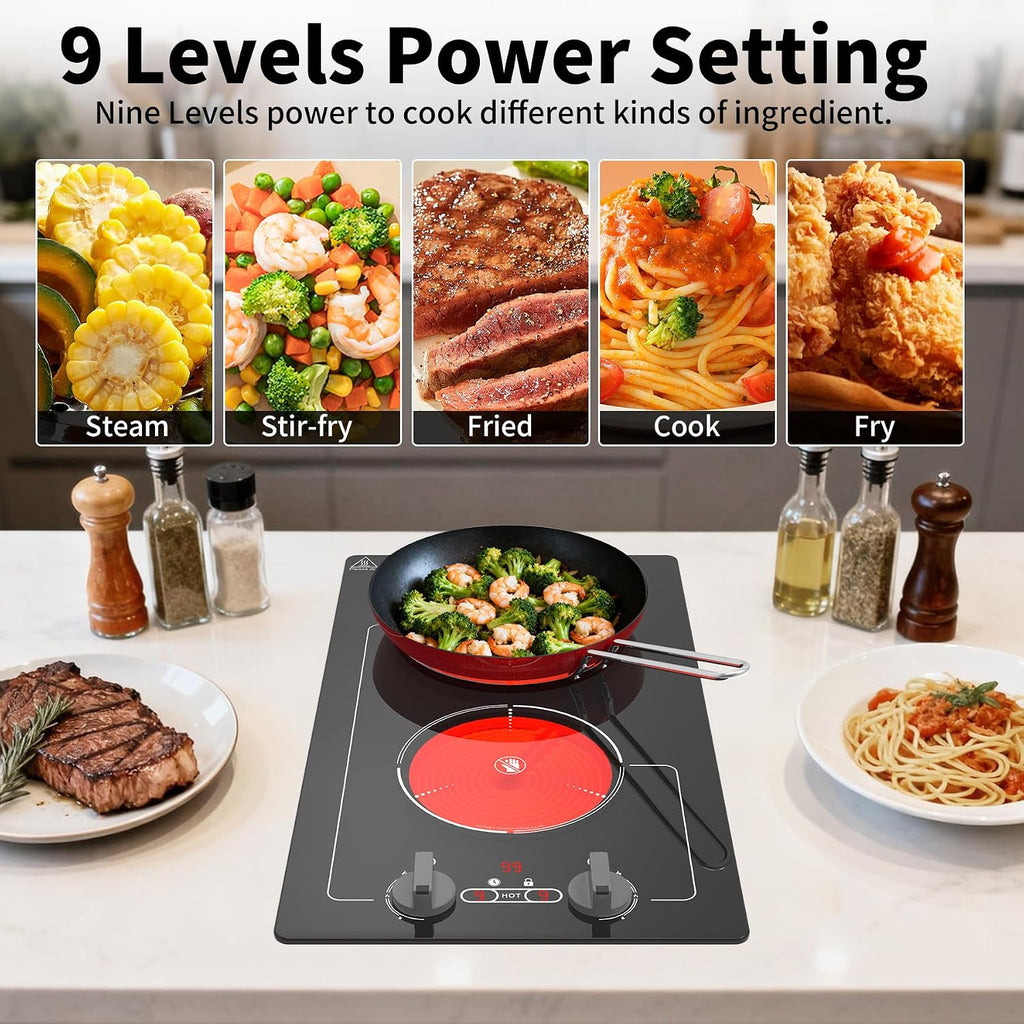GIHETKUT Electric Cooktop,110V 2100W Stove top,9 Power Levels, Kids Lock & Timer, Hot Surface Indicator, Overheat Protection,knob and touch control 2 burner Electric cooktop