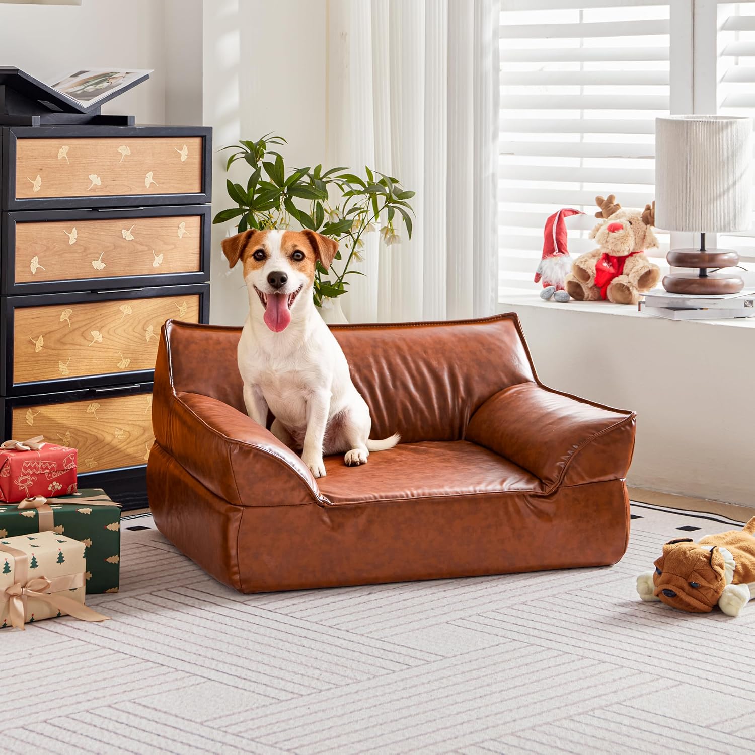 Leather Dog Bed Couch for Small and Medium Dogs Under 50 lbs, Brown Mid Century Modern Elevated Cat Sofa Chair Luxurious Indoor Furniture Style Pet Supplies for Puppy