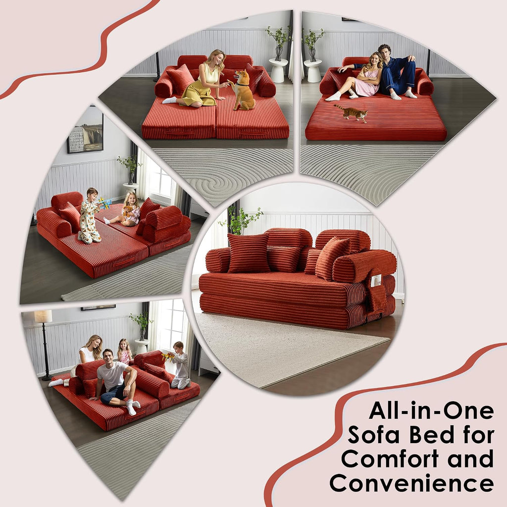 Convertible Sleeper Sofa Bed, 78.5' Corduroy Foldable Loveseat Sofa, Queen to King Size Boneless Couch Bed for Living Room | No Assembly Required | Memory Foam | Compression Sofa, Orange
