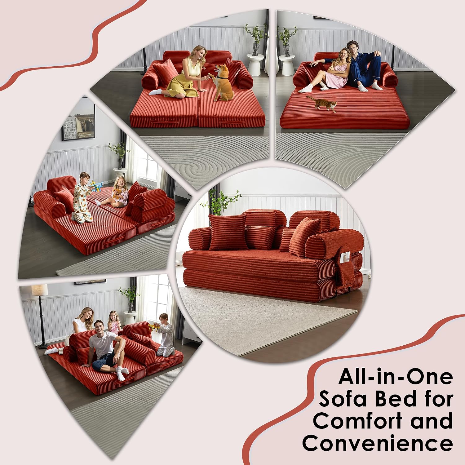 Convertible Sleeper Sofa Bed, 78.5' Corduroy Foldable Loveseat Sofa, Queen to King Size Boneless Couch Bed for Living Room | No Assembly Required | Memory Foam | Compression Sofa, Orange
