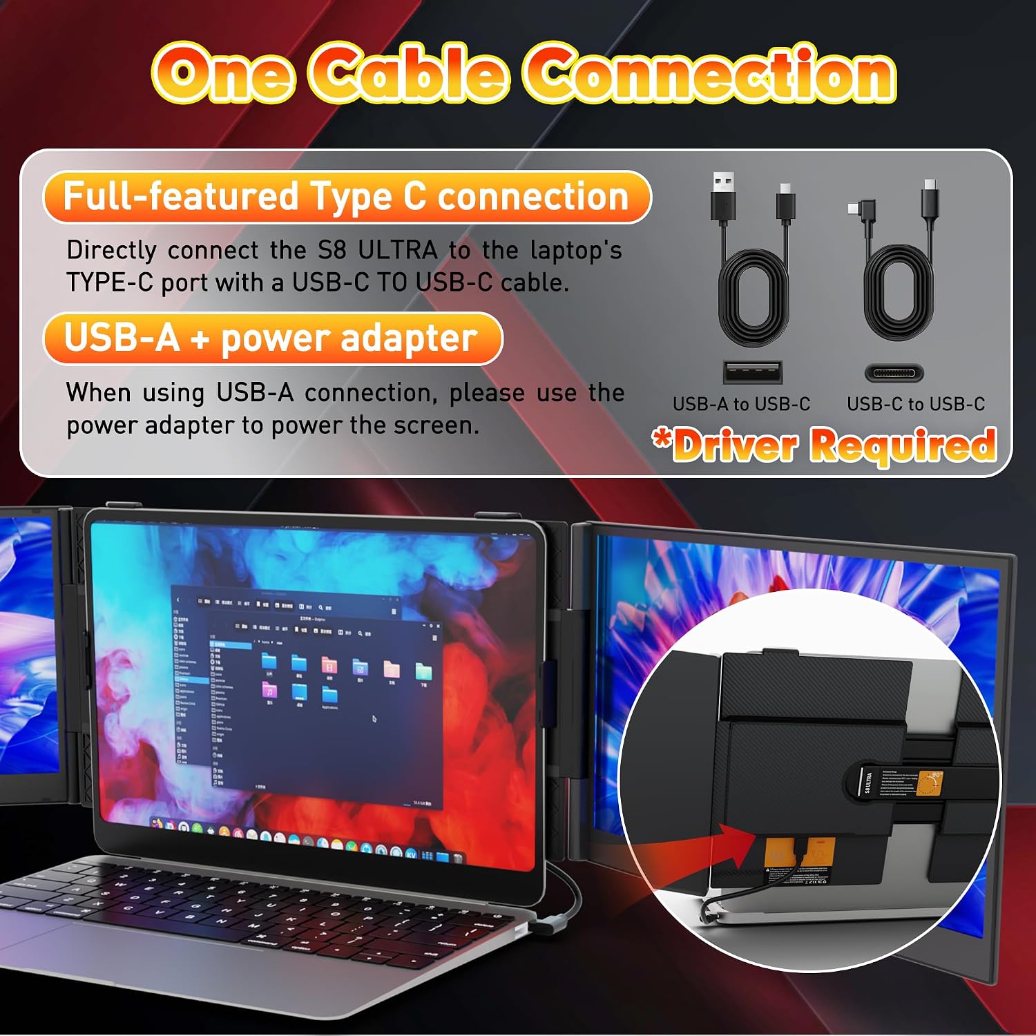 One Cable Connection Laptop Screen Extender Monitor Portable, Ultra Thin 14.2' 1080P FHD Lightweight Triple Screen,Fit for 13-17' Laptop, Plug & Play Compatiable with Win/Mac/Chrome/Android/Switch