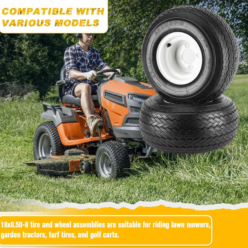 2PCS 18x8.50-8 Lawn Mower Tires with Rim, 18x8.5-8 Tire and Wheel for Riding Lawn Mowers Garden Tractor Turf Tires Golf Carts, 815lbs Capacity, 4 Ply Tubeless