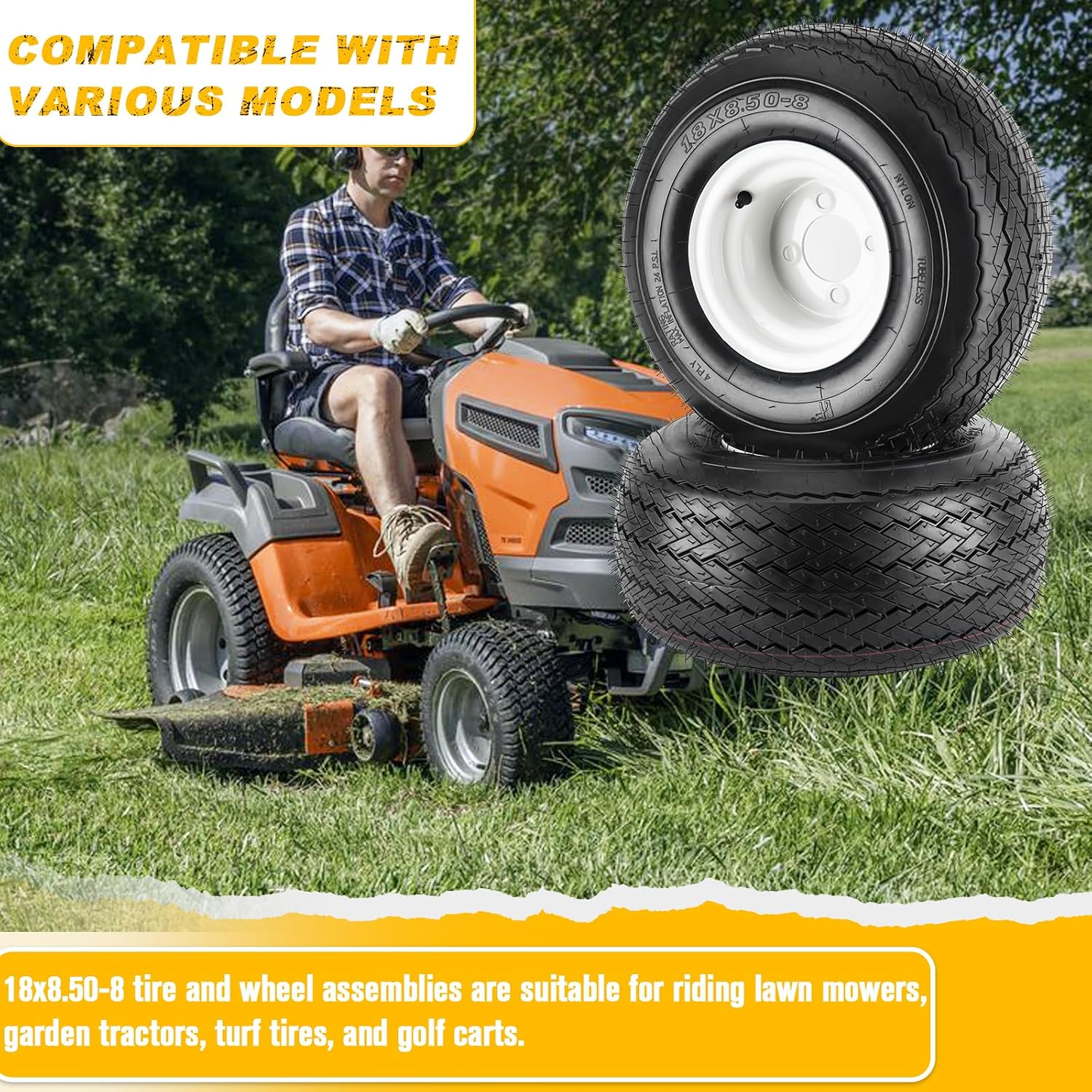 2PCS 18x8.50-8 Lawn Mower Tires with Rim, 18x8.5-8 Tire and Wheel for Riding Lawn Mowers Garden Tractor Turf Tires Golf Carts, 815lbs Capacity, 4 Ply Tubeless