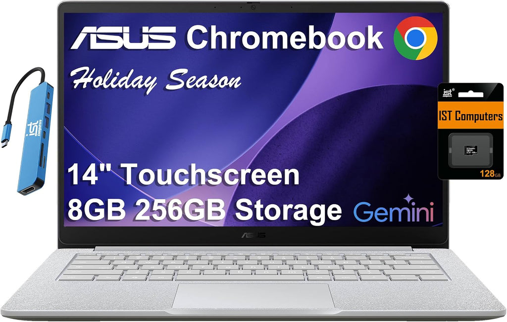 ASUS Chromebook CX14 Laptop (14' FHD Touchscreen, Intel Celeron N4500, 8GB RAM, 256GB Storage (128GB eMMC +128GB SD Card)) Home & Student, Webcam, Spill-Resistant, Wi-Fi, IST HUB, Chrome OS, CX1405CKA