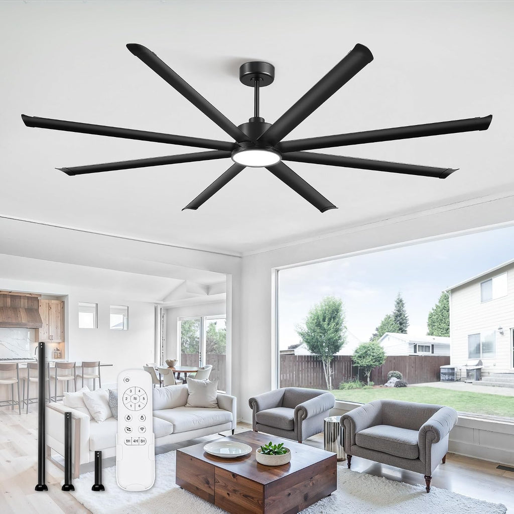ZMISHIBO 96 Inch Ceiling Fans with Lights, Large Indoor/Outdoor Industrial Ceiling Fan with 8 Aluminum Reversible Blades, Quiet DC Motor, 3CCT&6-Speed Remote Control, Damp Rated for Shop/Garage/Gazebo