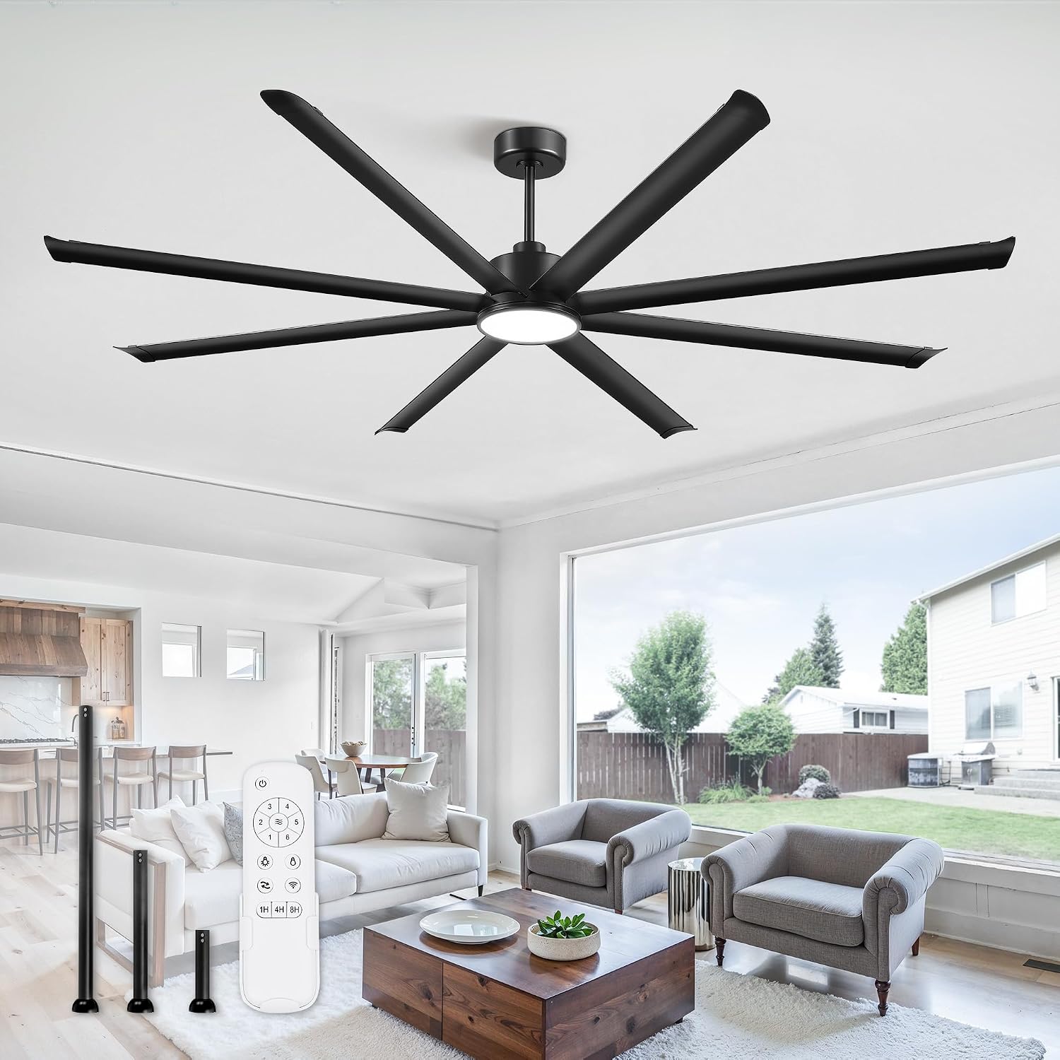 ZMISHIBO 96 Inch Ceiling Fans with Lights, Large Indoor/Outdoor Industrial Ceiling Fan with 8 Aluminum Reversible Blades, Quiet DC Motor, 3CCT&6-Speed Remote Control, Damp Rated for Shop/Garage/Gazebo