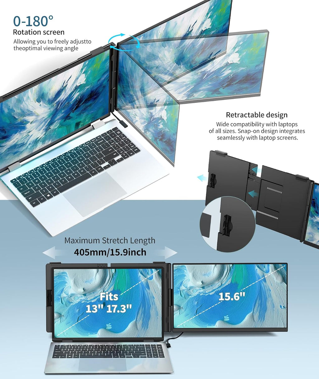 Cevaton Laptop Screen Extender - 15.6' FHD 1080P Portable Monitor for Laptop, Detachable & Plug and Play Dual Monitor Extender for 13'-17.3' Laptops, Compatible with Wins/Mac/Android/Chrome