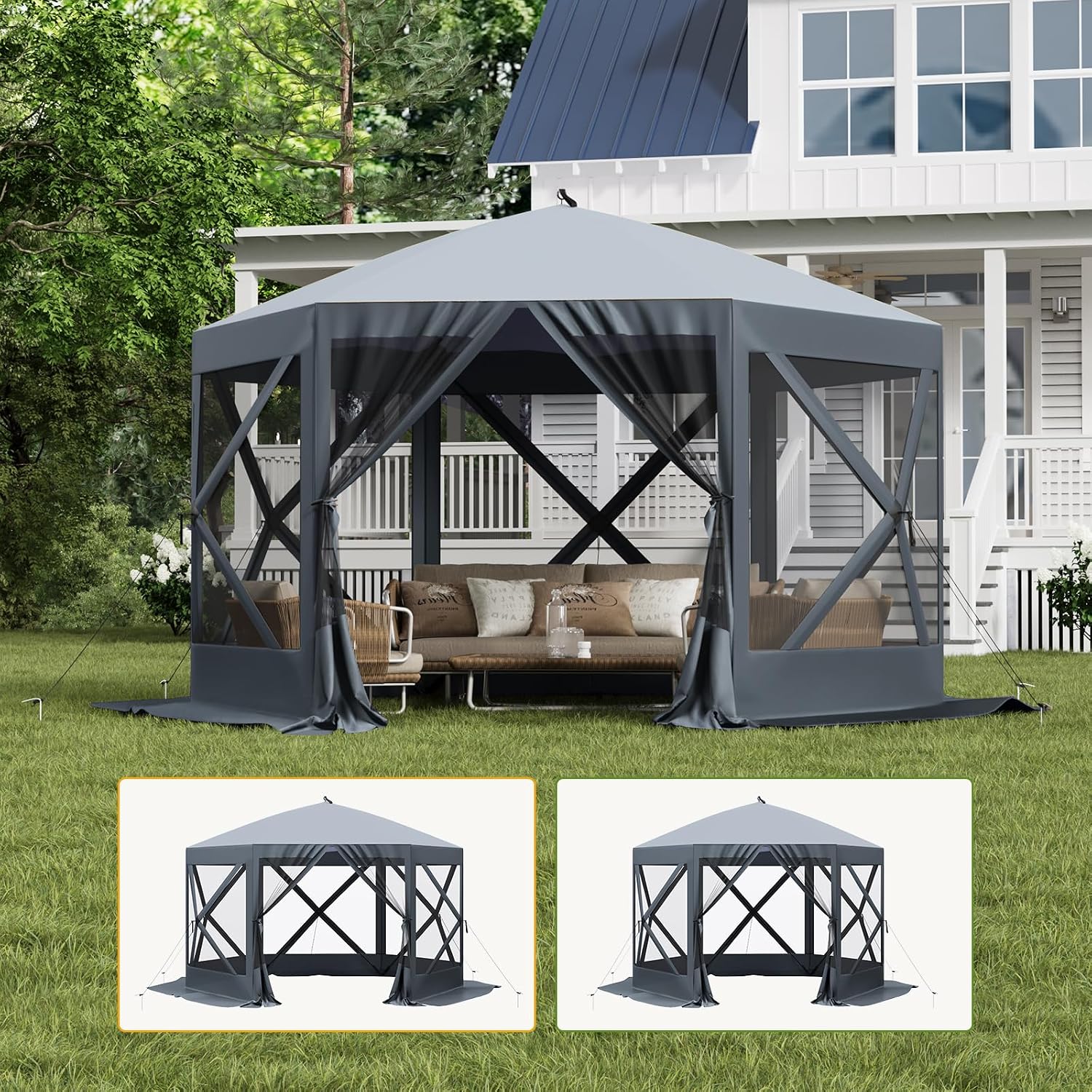 Hipicute Pop Up Gazebo,10 X 10 Ft Portable Outdoor Camping Pop Up Canopy Screen Tent with Mosquito Netting Gazebo,Waterproof 6 Sidewalls,Ground Stakes,Carry Bag for Lawn, Garden, Backyard (Gray)