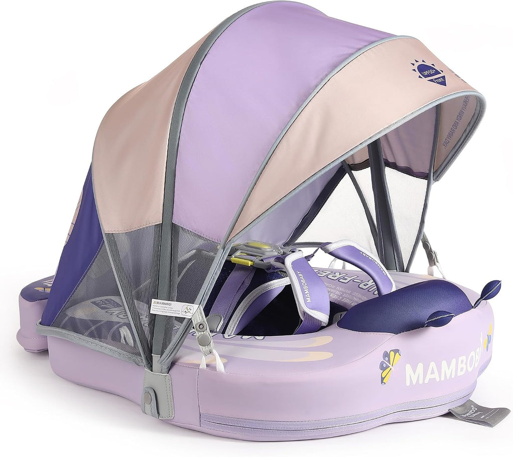 Mambobaby Float Upgrade Add Tail Baby Float with Canopy for Infant Waist Swimming Ring Swim Trainer Non-Inflatable Floats Toys with Adjustable Safety Strap (Purple - Butterfly)