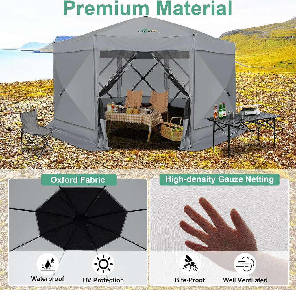 COBIZI 15x15 FT Pop Up Gazebo - Canopy Tent, Large Gazebos On Clearance with Sidewalls, Screened in Gazebo,carpas para Patio,Portable Screen Tents for 12-15 Persons Outdoor Camping, Backyard, Gray