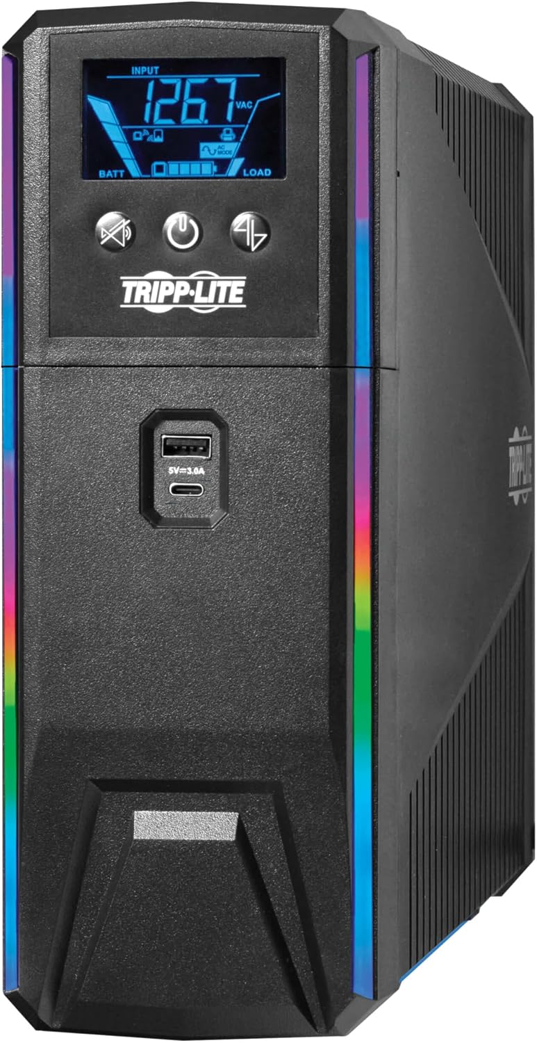 Tripp Lite Pure Sine Wave Gaming UPS Battery Backup, 1500VA 900W 120V, Detachable LCD, Automatic Voltage Regulation, USB, RGB LED Lights, 3-Year Warranty & $250K Insurance (SMART1500PSGLCD)